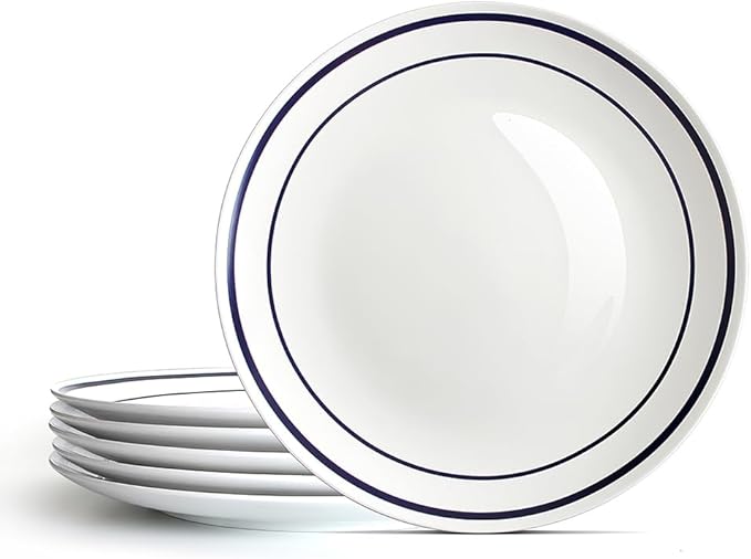 YFWOOD Ceramic Dinner Plates Set Of 6, 8 Inch Salad Plates, Contemporary Round Porcelain Tablewar, Suitable for Desserts, Appetizer, Pasta, Microwave Safe - White & Blue Double Line