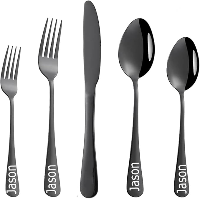Stainless Steel Customized Flatware Set,Engraving Name Knife Forks Spoon,Personalized names will be engraved on your tableware, Customized Birthday Christmas Gift Black