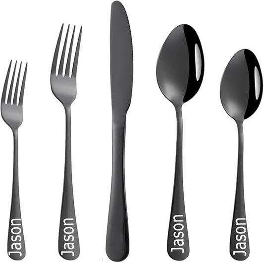 Stainless Steel Customized Flatware Set,Engraving Name Knife Forks Spoon,Personalized names will be engraved on your tableware, Customized Birthday Christmas Gift Black