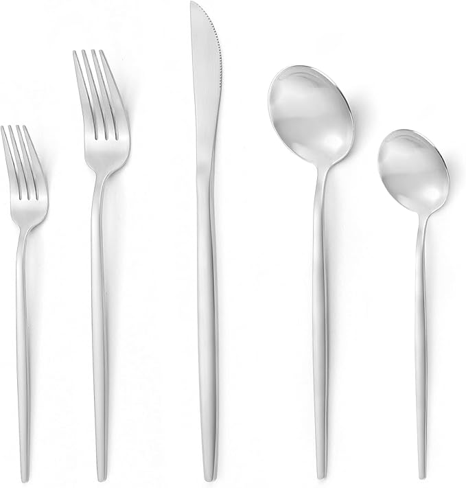 20 Pieces Silverware Set，Matte Stainless Steel Flatware Cutlery Set Service for 4, Stain Finish Kitchen Utensil Set，Include Dinner Knives Forks and Spoons Silverware, Dishwasher Safe