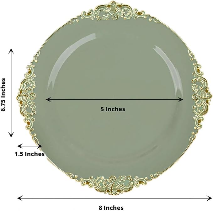 8" Salad Plates -Set of 10 - Plastic Dusty Sage Green Round Baroque Disposable Chargers Leaf Embossed Rim, Ideal for Dinner Party Wedding Bulk Events