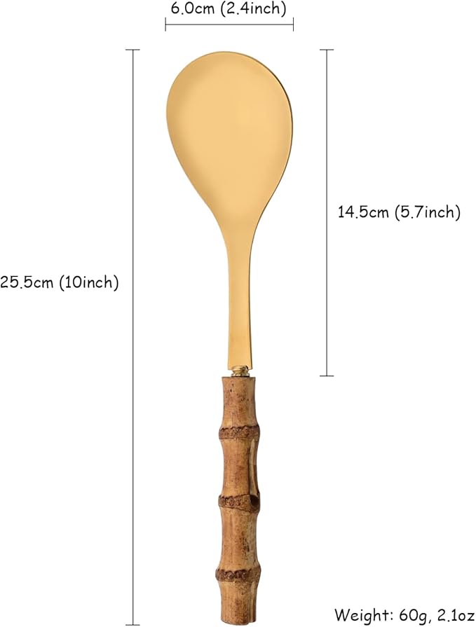 Buffet Serving Spoons Set of 4-10 inch Large Size Stainless Steel Salad Spoons - Natural Bamboo Handle Design - Serving Utensils for Home, Kitchen, Restaurant, Party (Gold)