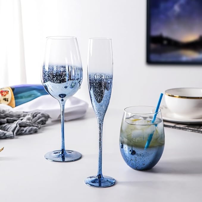Blue Crystal Wine Glasses Set of 2 Champagne Flutes,Starry Sky Glass for Wedding and Champagne (2, Champagne Flute-Blue Starry Sky)