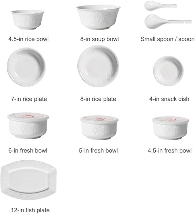 Ceramics Dinner Sets,Bowl/Dish/Plate 44 Pieces Dinnerware Embossed Pattern Tableware Set White -Family Party and Kitchen Restaurant Plates