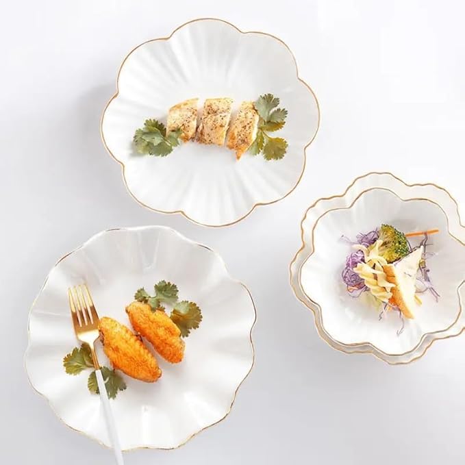 Kitchen Plates Flower Shape Ceramic Plate Nordic Floral White Porcelain Dinner Plate Soup Salad Bowl Dessert Dish Tableware Restaurant Plates(8 inches)