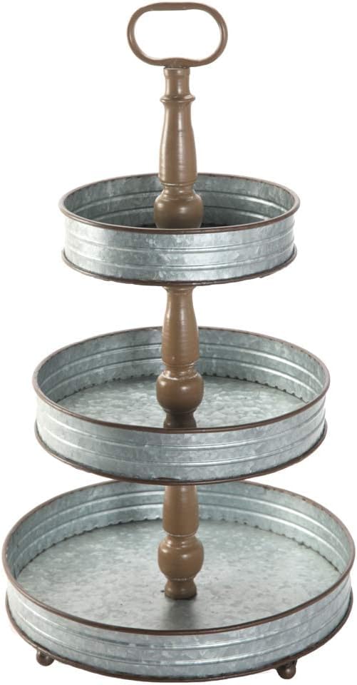 MODE HOME Farmhouse 3 Tiered Tray Stand, Decorative Metal Serving Tray with Handle for Kitchen, Dining Room, Shelf Coffee Bar, Seasonal Display Tiered Tray Decor, Galvanized Gray Finish