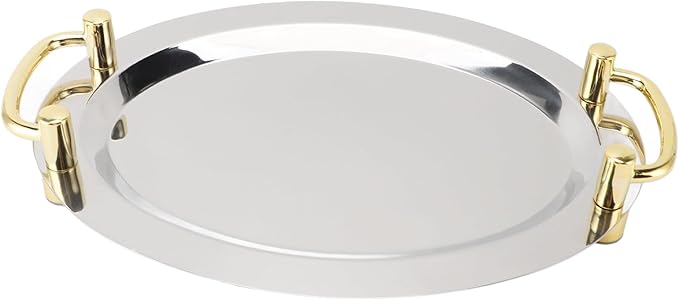 Silver Tray with Stainless Steel Platter with Handle – Multifunction Portable Serving Tray for Restaurant & Hotel Buffet, Rectangle Shape, 47.5cm (Rectangle Shape with Gold Handle, 39cm)
