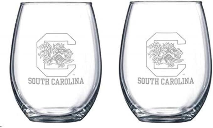 South Carolina Gamecocks Satin Frost Stemless Wine Glass Set – Official Clear Glass with White Logo – Heavy-Duty Made in USA Drinkware – Dishwasher Safe – Set of Two, 15 oz