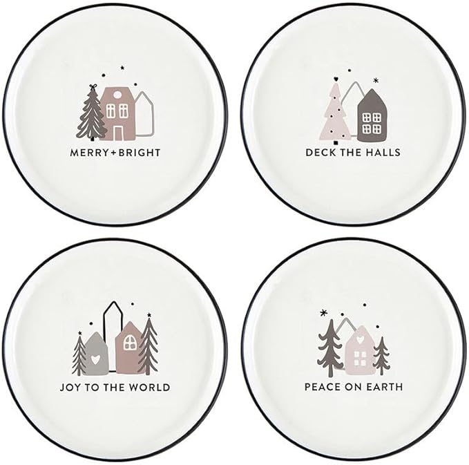 Santa Barbara Design Studio 4-Piece Christmas Appetizer Plate Set White Ceramic Small Plates, 5.25" Diameter, Merry + Bright