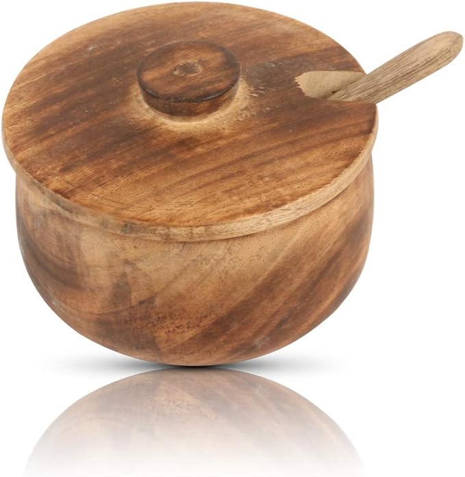 Decorative Rustic Wooden Sugar Bowl & Spoon With Lid Wide Mouth Candy Treat Jar Spice Jar Holder Condiment Nuts Serving Bowl Pot Salt Spice Herb Loose Leaf Tea Storage Container Novelty Home & Kitchen