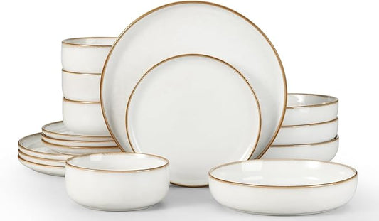 Herogo 16-Piece Dinnerware Set for 4, Ceramic Plates & Bowls Sets with Pasta Bowls, Double Reactive Glaze, Microwave & Dishwasher Safe, Chip Resistant, Ivory White