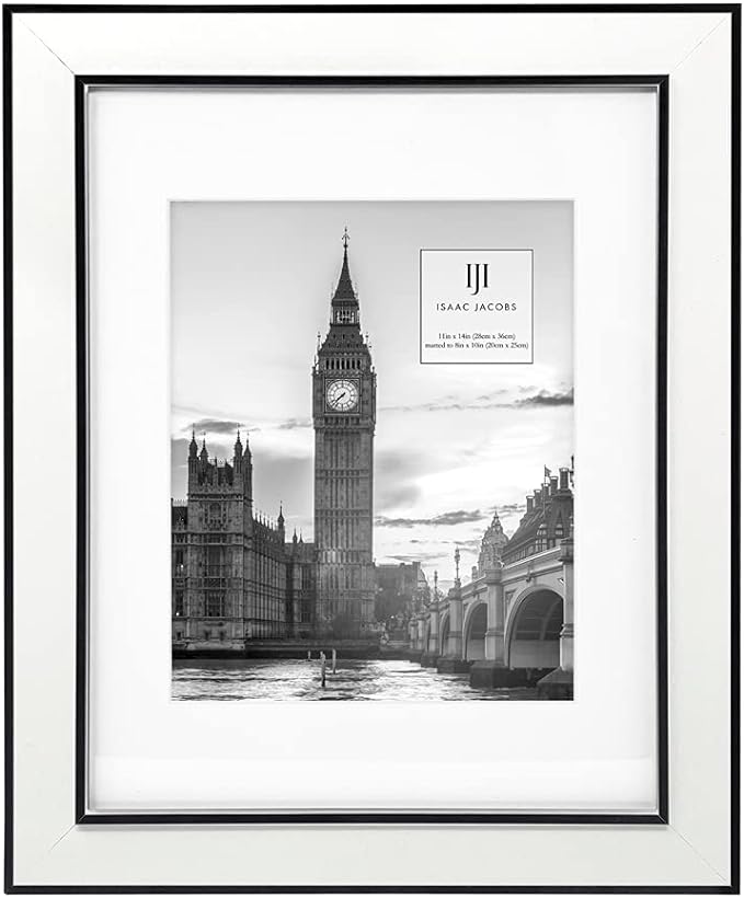 Isaac Jacobs 11x14 (Matted 8x10) White w/Black (Vertical & Horizontal) Double Border Picture Frame, Wall-Mountable, Made for Photo Gallery and Wall Art, Home or Office (11x14, White W/Black)