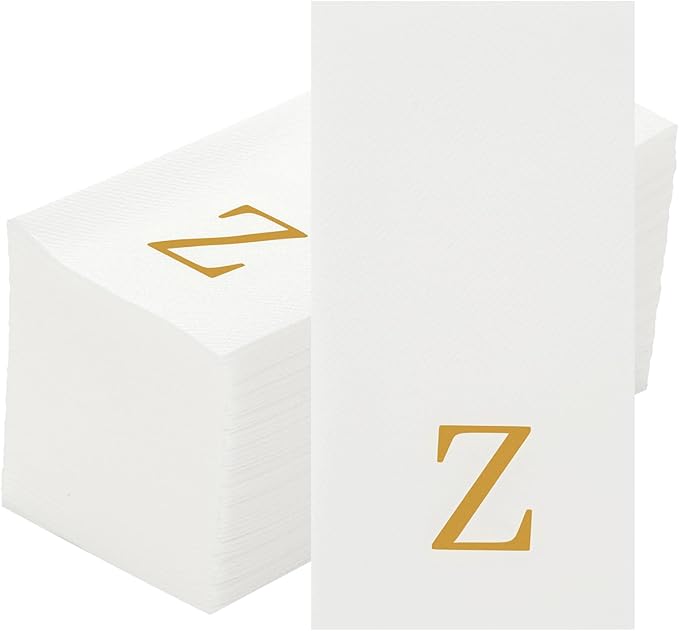 Luxenap 15.8 X 7.9 Inch Linen-Feel Guest Towels, 50 Lettered Hand Towels - Gold Letter 'Z', Sans Serif Font, White Paper Dinner Napkins, airlaid, For Restrooms And Tables - Restaurantware