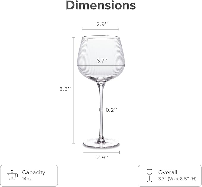 mopio Mellow Fluted Wine Glasses Set of 4, 14 oz, Dishwasher Safe, Elegant Barware for Wedding, Party and Brunch, Classic & Everyday Drinkware in Eco-Friendly Packaging, Soda-Lime Glass (Clear)