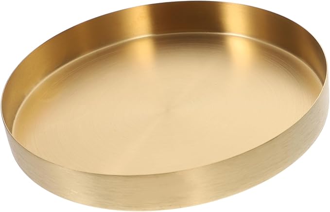 PartyKindom 8-Inch Gold Round Storage Tray, Metal Tiered Serving Plate for Jewelry Perfume and Makeup, Decorative Coffee Table Tray for Fruit and Dessert, Modern Home Decor Organizer