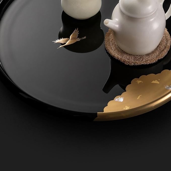 Wooden Tray Front Heavy Lacquer Resin Round Tray Japanese Handmade Crane Lacquer Tray Dry Tea Tray Tea Restaurant Dining Tray Serving Tray with Handles(A)