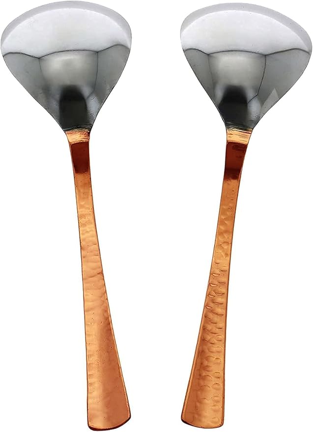 Indian Handmade Stainless Steel & Copper Serving Spoon Set - Genuine Copper Dinnerware Serving Spoon Pieces Set Of 2