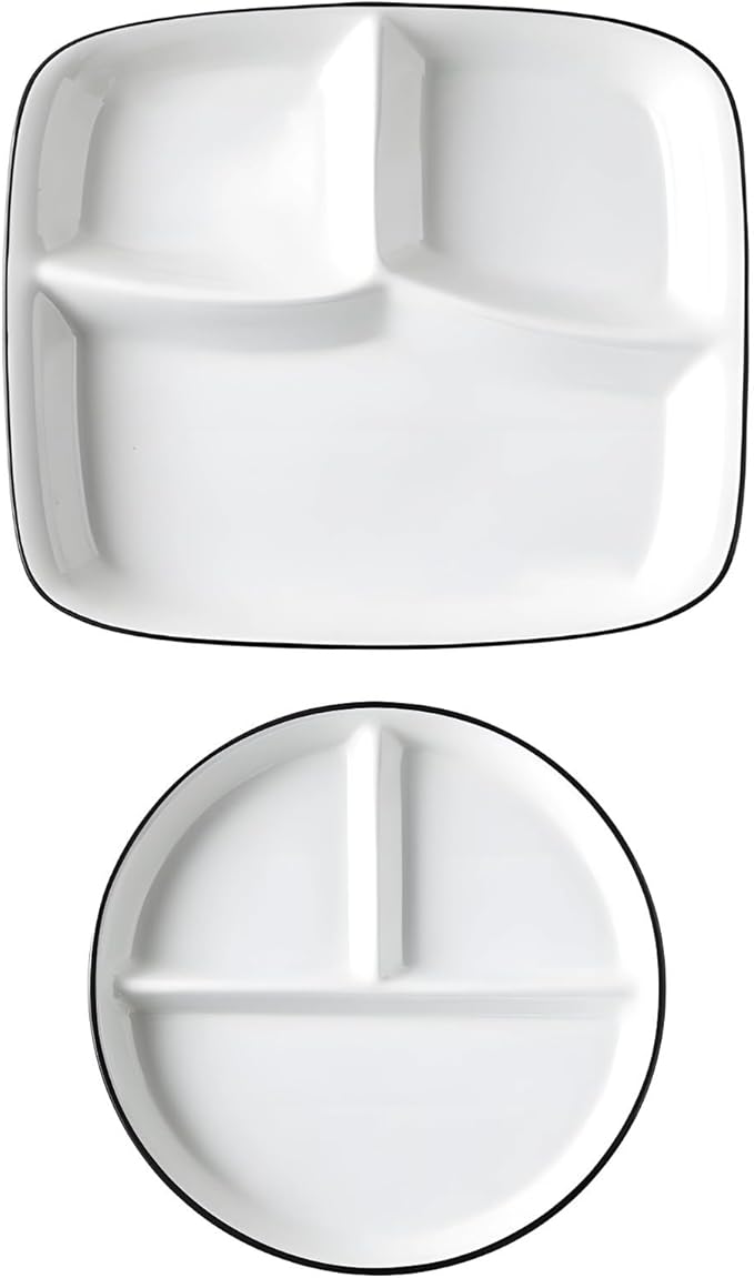 Portion Control Plate Set, 2 Pcs, White Ceramic With Black, 8.1 In & 10.7 In, Sectioned Diet Dishes