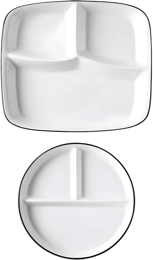 Portion Control Plate Set, 2 Pcs, White Ceramic With Black, 8.1 In & 10.7 In, Sectioned Diet Dishes