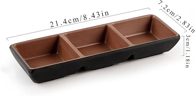 Sauce Dish 8.43 Inch Rectangle Plastic Appetizer Plates Dipping Soy Sauce Dishes Vinegar Olive Oil Ketchup Snack and Dessrt Seasoning Dishes(3 Compartment) Dipping Bowls (B)