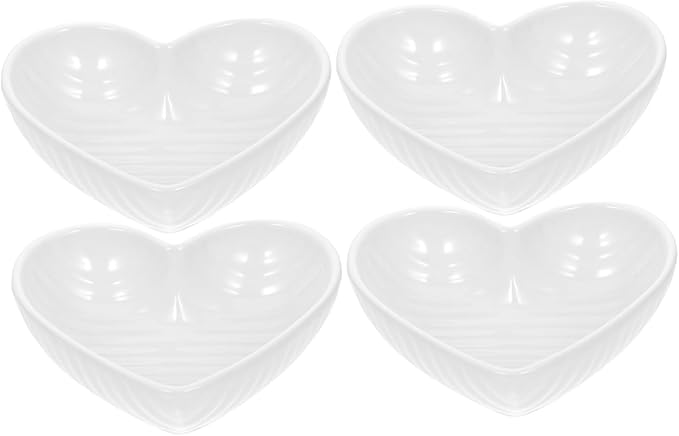 STOBAZA Heart-Shaped Ceramic Condiment Plates Set of 4 Appetizer Serving Dishes for Sauces and Seasonings White Ceramic Spice Dishes for Parties and Entertaining