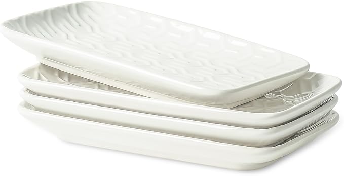 Sureasy Ceramic Salad Plates, Rectangular Appetizer Plates 8 inch, Small Serving Plates for Entertaining, Small Dinner Plates Set for Dessert, Sushi, Embossed Porcelain Dish, Set of 4, White
