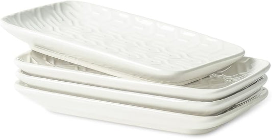 Sureasy Ceramic Salad Plates, Rectangular Appetizer Plates 8 inch, Small Serving Plates for Entertaining, Small Dinner Plates Set for Dessert, Sushi, Embossed Porcelain Dish, Set of 4, White