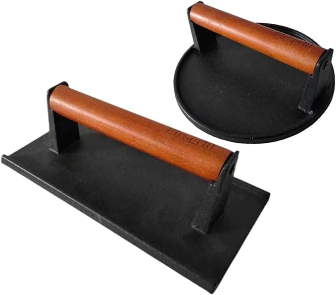 Firsgrill Burger Press 7.08" Round & 8.3”X4.3”Rectangle Heavy-Duty Cast Iron Smash Meat Steak With Wood Handle for Blackstone Camp chef Pitboss Weber Treager Griddle Grills (Round & Rectangle)