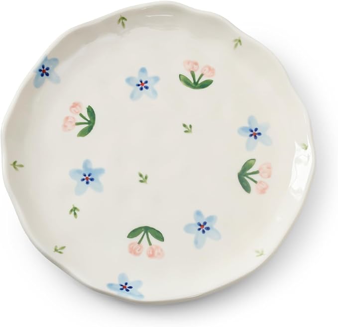 Koythin Floral Ceramic Dinner Plates, 8" Microwave Safe Dishes for Pasta, Modern Rustic Appetizer Plate for Salad Fruits Dessert Cake (Blue Flowers)