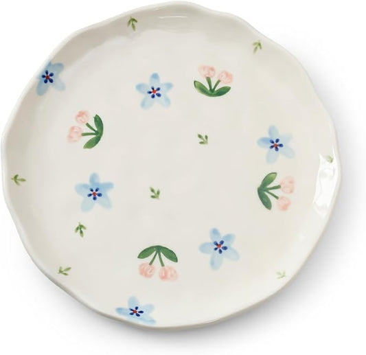 Koythin Floral Ceramic Dinner Plates, 8" Microwave Safe Dishes for Pasta, Modern Rustic Appetizer Plate for Salad Fruits Dessert Cake (Blue Flowers)