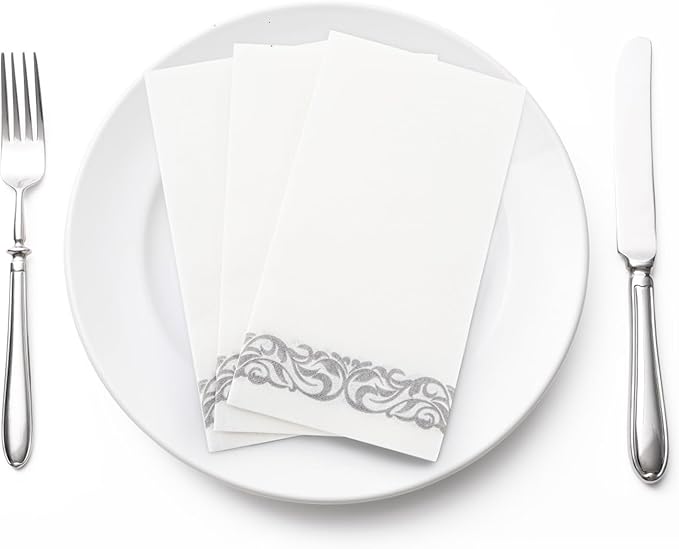 Foraineam 100-Pack Soft Texture Paper Hand Towels Disposable Decorative Paper Hand Napkins - Silver Floral Paper Guest Towels