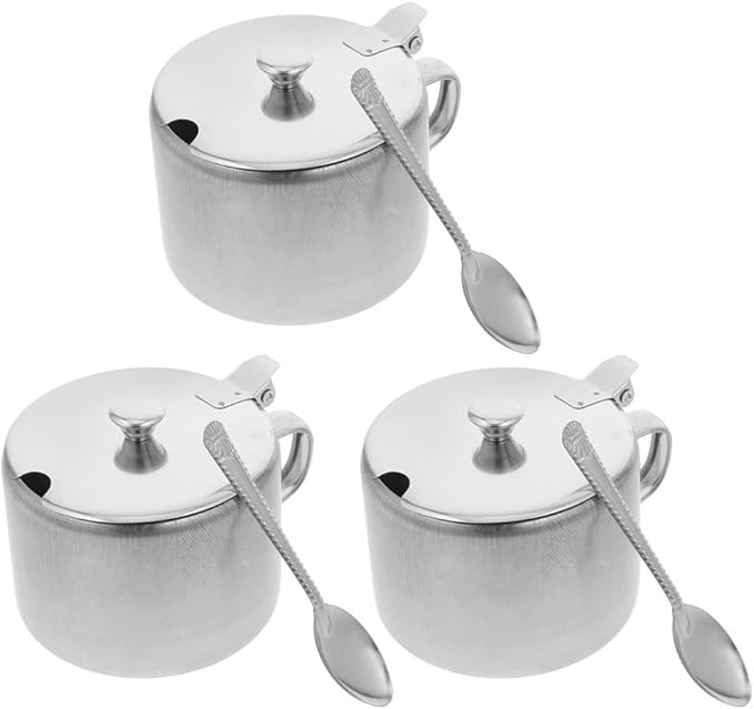 BESTonZON 3 Set Condiment Jars With Lid Spoon 4. 2" Metal Sugar Bowls Stainless Steel Pepper Container Salt Pot Seasoning Bottle For Kitchen Counter