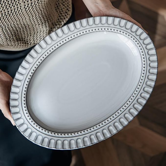 Dinner Plates Extra Large 14.5 Inch Ceramic Plate Embossed Oval Steamed Fish Tray With Slight Flaws Suitable For Restaurant Appetizers Kitchen Salad Bowl