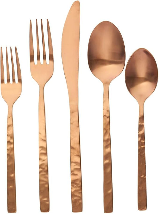 Godinger Rustic Mirrored Copper 18/10 Stainless Steel 20‑Piece Flatware Set, Service for 4 – Hand‑Textured Copper‑Finish Handles with Mirror‑Finish Stainless Steel, Dishwasher Safe, Elegant Table
