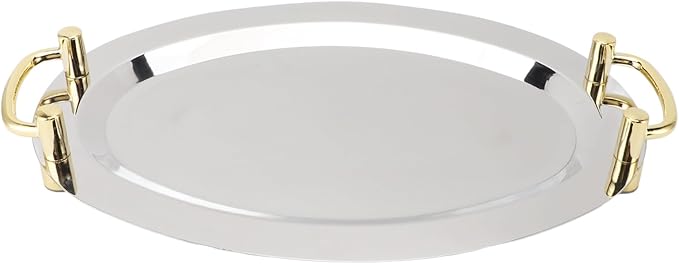 Silver Tray with Stainless Steel Platter with Handle – Multifunction Portable Serving Tray for Restaurant & Hotel Buffet, Rectangle Shape, 47.5cm (Round Shape with Gold Handle, 46cm)