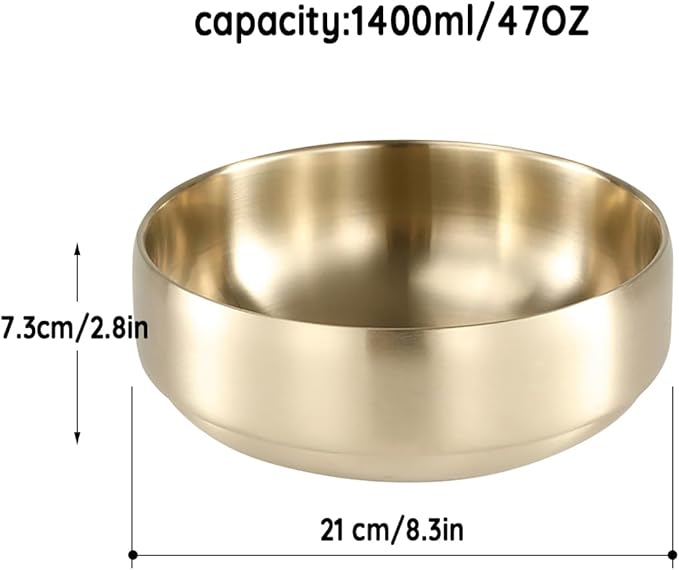 SANQIAHOME 47oz/8.3" Quality Stainless Steel Salad Bowl 2pcs/set – Double-walled Anti-scald, Dishwasher Safe, Large Serving Bowl for Family & Parties Golden, large-capacity soup bowl