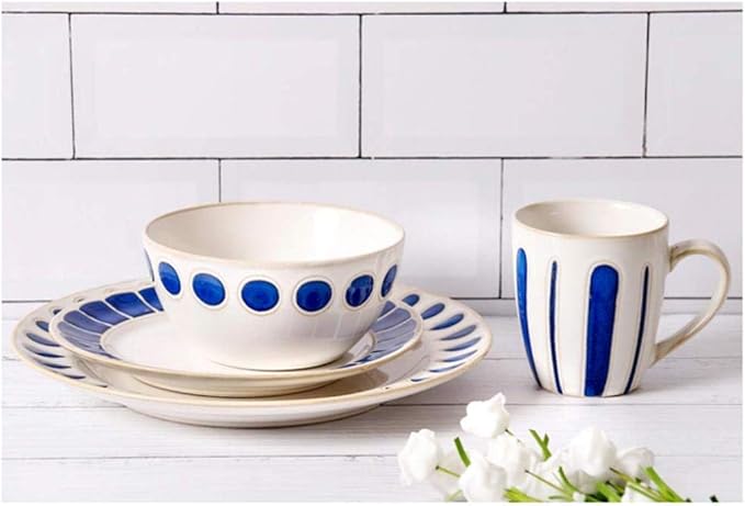Fine Dinnerware Set,4 Pieces Blue White Ceramic Dinner Set Porcelain Mug Plate Bowl - Tableware