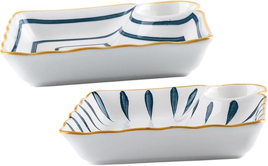 Zerodeko 2pcs Dumpling Serving Plate with Sauce Divider Japanese Style Food Platter for Noodles Sushi and Appetizers for Home and Restaurant Use
