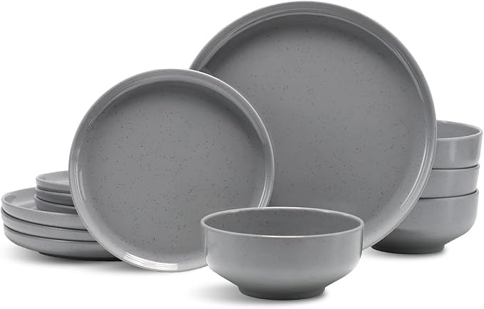 Melamine Dinnerware Sets for 4, 12Pcs Kitchen Plates and Bowls Set, Unbreakable Dishes Set, Dishwasher Safe, Easy Clean, Lightweight for Outdoor Use, Best for RV, Camping (Grey)…