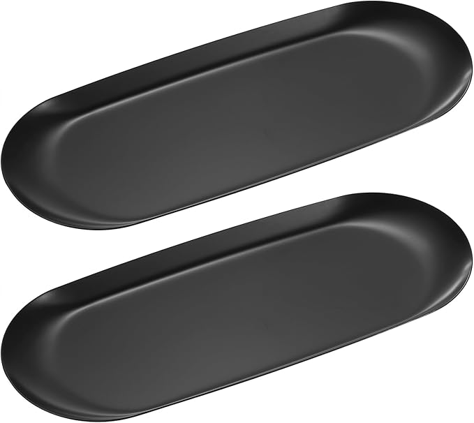 uxcell 2pcs Stainless Steel Decorative Tray, 9 Inch Oval Jewelry Tray, Small Serving Tray for Bathroom Countertops, Closets, Dressers, Black