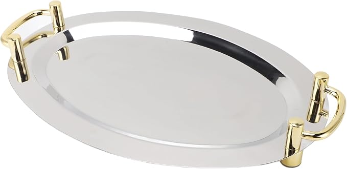 Silver Tray with Stainless Steel Platter with Handle – Multifunction Portable Serving Tray for Restaurant & Hotel Buffet, Rectangle Shape, 47.5cm (Round Shape with Gold Handle, 46cm)