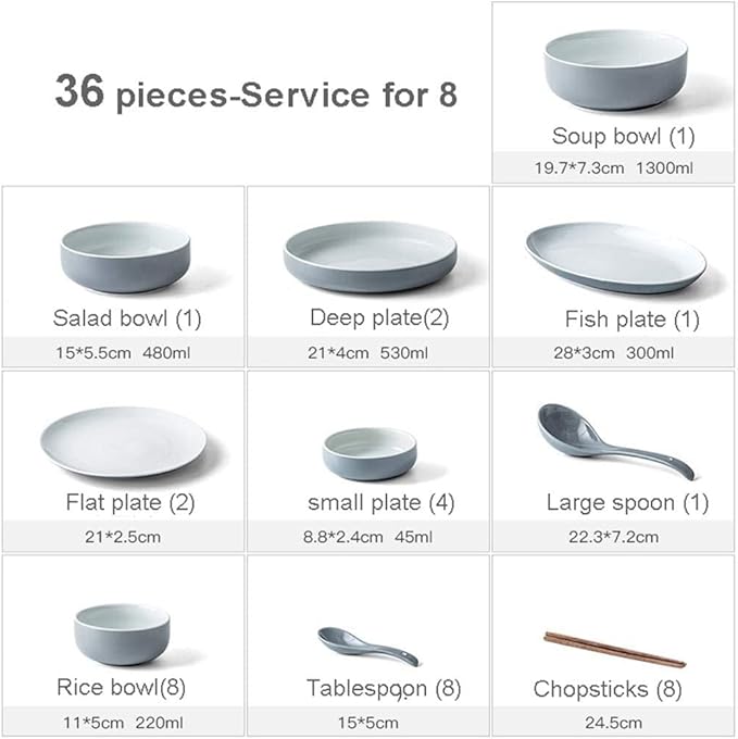 36 Pieces of Ceramic Tableware Set for 8 Persons, Including Plate/Bowl Set/Spoon, Used for Home Decoration Kitchen and Catering Supplies, size