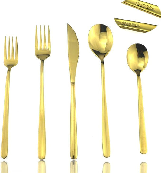 JASHII Mirror Polished Gold 20-Piece SUS304 Stainless Steel Flatware Set,Silverware Set Dinner Knife Fork Spoon Dessert Fork Salad Spoon Service for 4