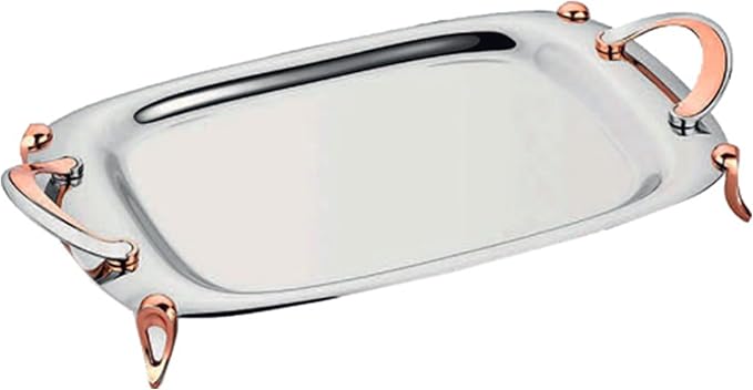 Korkmaz Rectangle Footed Stainless Steel Silver Serving Tray with Rose Gold Handles, Tray for Kitchen, Counter, Dresser, and Nightstand and Breakfast in Bed, Silver, 19.6" x 10.6"