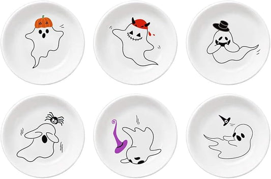 SOCOSY Cute Cartoon Ghost Seasoning Dishes Sauce Dishes Sushi Dipping Bowls Appetizer Plates Little Cat Feeding Plates, Serving Dish for Home Kitchen Restaurant Halloween-Ghost-3.5 Inch