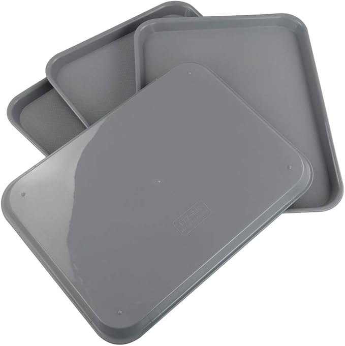 Gloreen Set of 4 Rectangular Fast Food Tray, Cafe Standard Cafeteria Serving Trays, Grey