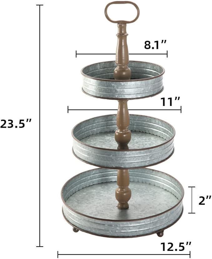 MODE HOME Farmhouse 3 Tiered Tray Stand, Decorative Metal Serving Tray with Handle for Kitchen, Dining Room, Shelf Coffee Bar, Seasonal Display Tiered Tray Decor, Galvanized Gray Finish