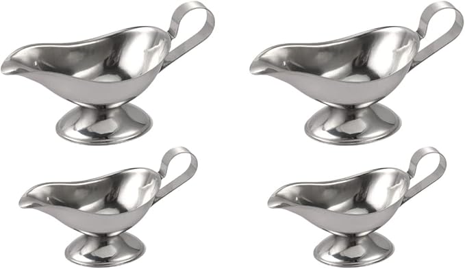 Zerodeko Stainless Steel Gravy Boat Set 4 Pcs with Lid Sauce Dispensers for Kitchen Dining Ideal for Gravy Steak Sauce Salad Dressing and Reusable Cups