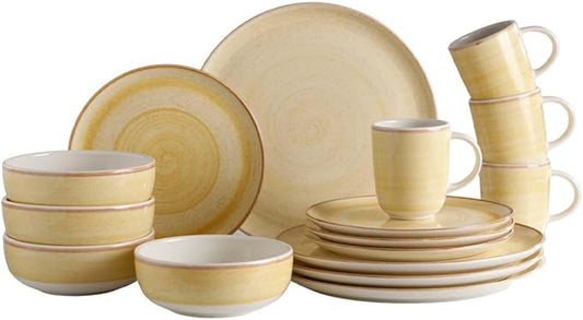 Corona 16 –piece Yellow Hand-painted Vintage Style Ceramic Dinnerware Sets, Plates, Bowls and Mugs, Service For 4, Mustard Caoba