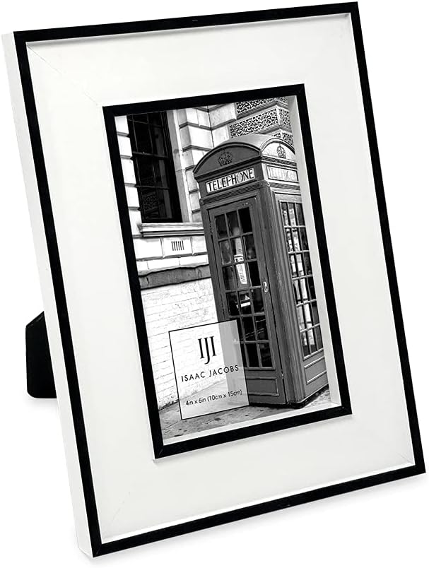Isaac Jacobs 4x6 White w/Black (Vertical & Horizontal) Double Border Picture Frame w/Black Fabric Easel, Wall-Mountable, Made for Tabletop & Gallery, Home or Office (4x6, White W/Black)